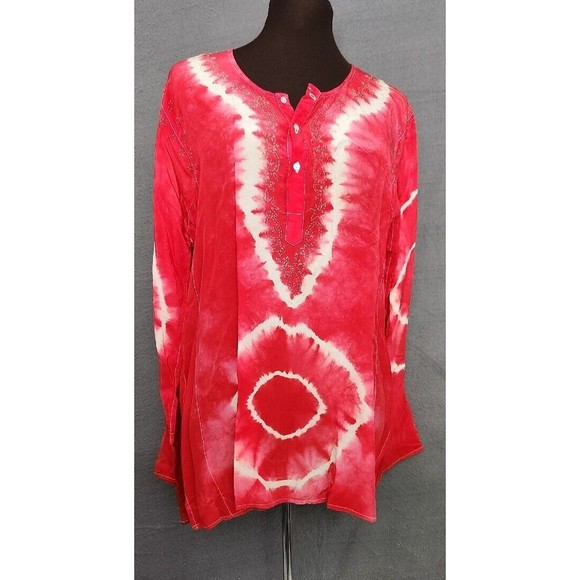 Soft Surroundings 100% Silk Hot Pink Red Tie Dye Button Up Tunic Top Size M - Picture 1 of 9